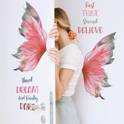 Vista 5 de Calcomanía de pared con citas de mariposa rosa, Think Believe Dream Dare - Calcomanías de pared de vinilo autoadhesivo para decoración de pared