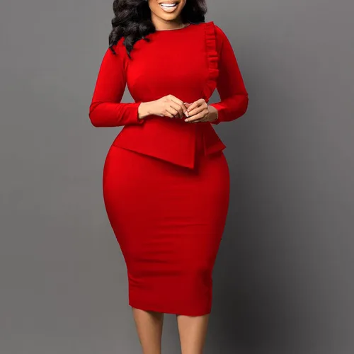 Vista 2 de Vestidos de negocios para mujer, con bloques de color, ajustado, vestido de tubo de manga larga, cuello redondo, ajustado, vestido de oficina