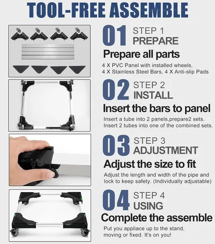 Vista 7 de Mini soporte de nevera ajustable para muebles Dolly Heavy Duty Lavadora, Rodillo móvil con 4 ruedas giratorias de bloqueo, base móvil universal