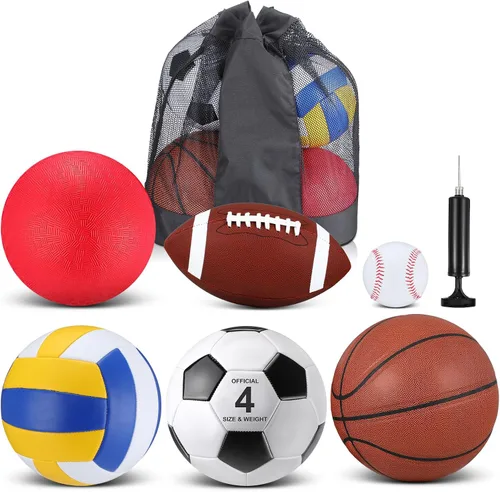 Vista 8 de Realspring Juego de 6 pelotas deportivas múltiples para niños y adolescentes, tamaño oficial, fútbol, voleibol, pelota de juegos infantiles, béisbol