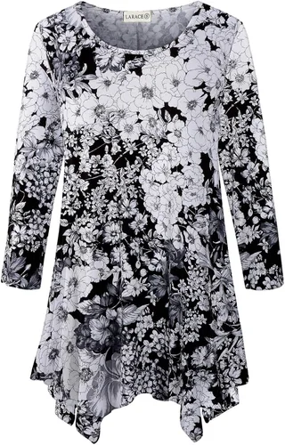 Vista 9 de LARACE - Camisa de talla extragrande para mujer, camisa tipo túnica con manga 3/4, ajuste holgado, ropa básica para mujer 2-negro_cuadros