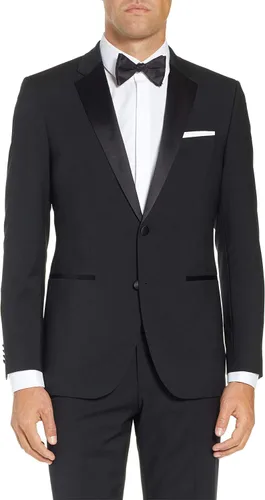 Vista 9 de Traje de esmoquin formal de dos piezas clásico y ajustado para hombre Cuello de chal ajustado negro