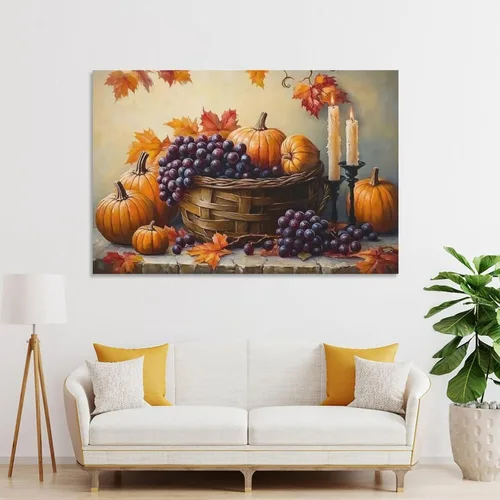Vista 4 de Arte De Pared De Calabaza, Lienzo De Otoño, Cocina, Comedor, Decoración De Pared, Pintura De Hojas De Arce, Cosecha De Acción De Gracias Wall Art