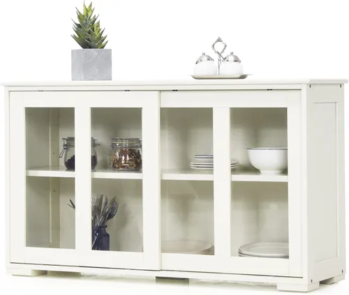 Vista 8 de LOKO Armario apilable para bufé, armario de almacenamiento de cocina con puertas corredizas de vidrio templado, pequeño aparador para cocina, Negro