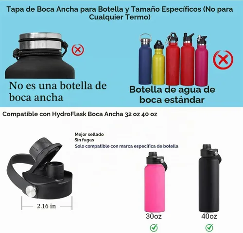 Vista 4 de Tapa de boquilla para botella de agua de boca ancha Hydro Flask. Se adapta a 12, 16, 18, 20, 32, 40 onzas, tapa de pico con mango flexible, repuesto