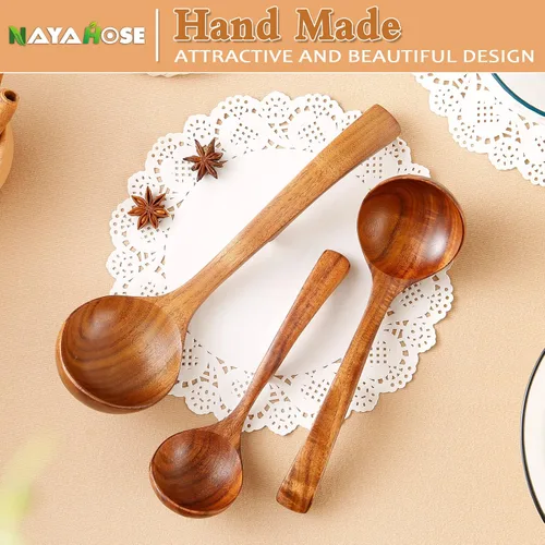 Vista 7 de Cucharón de madera para sopa, cucharas de madera de teca natural de 3 tamaños para cocinar, cuchara de madera antiadherente, cucharas de madera
