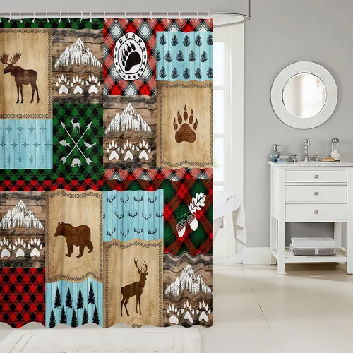Vista 2 de Manfei Cortinas de ducha con diseño de oso de ciervo para niños, conos de pinos, cuernos de pata de animal, cortinas de baño impermeables con 12