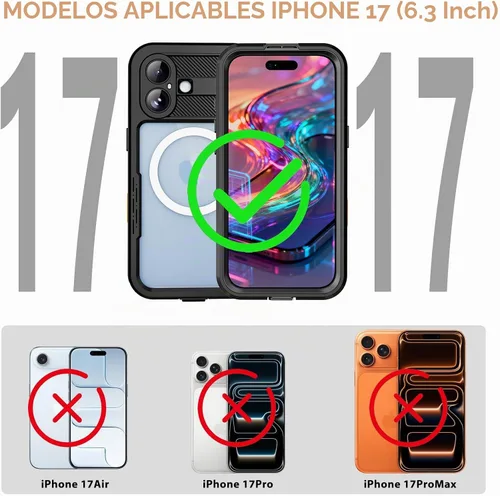Vista 2 de Funda impermeable para iPhone 17, certificada IP68, grado militar a prueba de golpes y polvo para iPhone 17 (6.3" 2025), compatible con MagSafe Negro