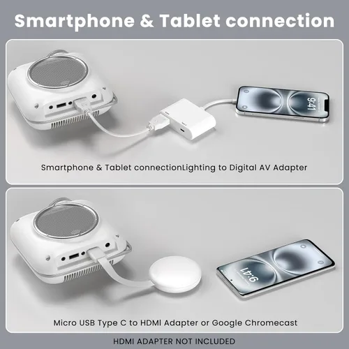 Vista 3 de HOMPOW Mini proyector con Bluetooth bidireccional, proyector portátil para uso de cine en casa, compatible con 1080P para proyector al aire Blanco