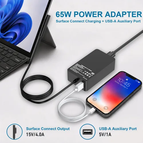 Vista 10 de Cargador Surface Pro de 65 W para Microsoft Surface Pro 7/6/4/3/8/9/11/5 Negro