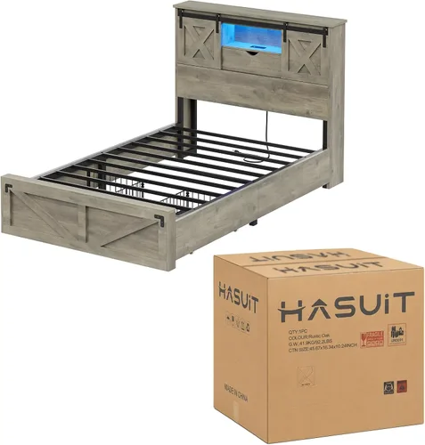 Vista 6 de Marco de cama de granja tamaño individual con 2 cajones de almacenamiento, plataforma de madera con luces LED y estación de carga, cabecera