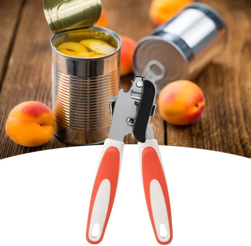 Vista 4 de Fdit Abrelatas multifunción naranja y negro, de acero inoxidable, manual de seguridad, abrelatas de lata, de mano, prácticos, utensilios de cocina