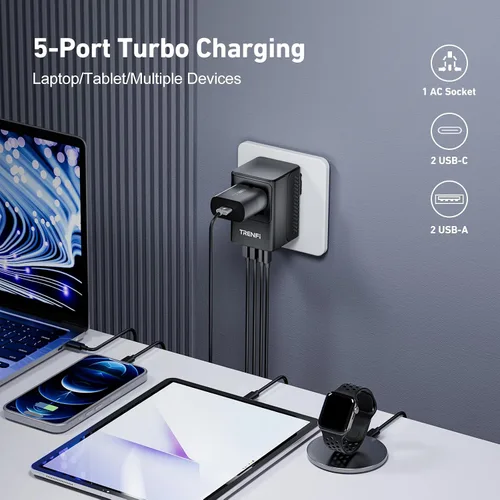 Vista 2 de TRENFI Adaptador de viaje universal GaN+ de 65 W Salida de CA USB-C PD3.0 USB-A QC3.0 de cinco puertos, cargador de enchufe internacional