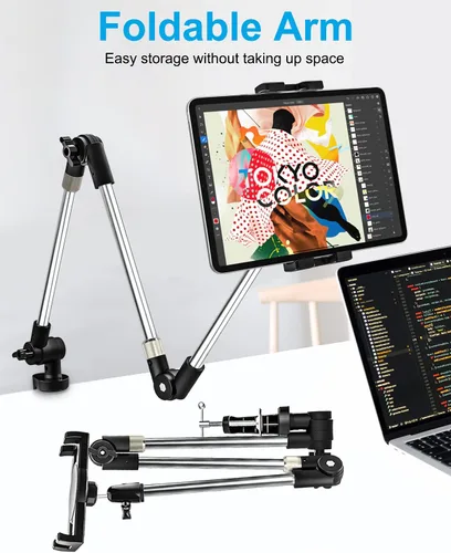 Vista 2 de Soporte ajustable para tableta, soporte de aluminio de 35 pulgadas para escritorio/cama con brazo giratorio plegable de 360°, para iPad Pro Air