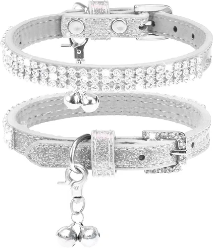 Vista 11 de PUPTECK Collar básico ajustable para gato con diamantes brillantes y campanas dobles, para gatitos y cachorros pequeños, collares de diamantes