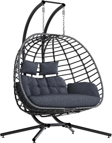 Vista 11 de SWITTE Silla doble colgante con forma de huevo con soporte, columpio de mimbre para exterior, 2 plazas, con cojín, para patio, dormitorio