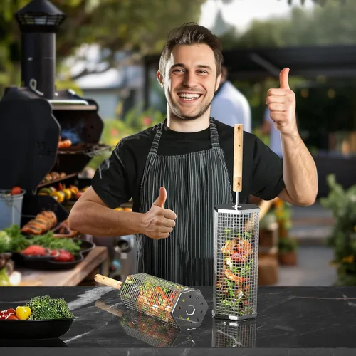 Vista 7 de Ivtivfu - Cesta de parrilla enrollable, mango de madera removible, acero inoxidable 304, herramientas de parrilla anidadas, accesorios para barbacoa