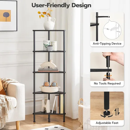 Vista 6 de HOOBRO Estante esquinero, estantería industrial de esquina de pared de 5 niveles con marco de metal, estante de exhibición de plantas, estantería