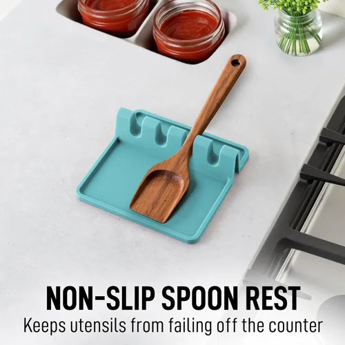 Vista 5 de Zulay Kitchen - Reposa utensilios de silicona con bandeja antigoteo para múltiples utensilios de cocina, reposacucharas sin BPA y resistente al