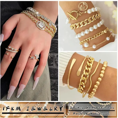 Vista 2 de IFKM Juego de 6 pulseras de cadena de oro bohemio para mujer, chapado en oro de 14 quilates, múltiples capas, apilables, abiertas, con eslabones