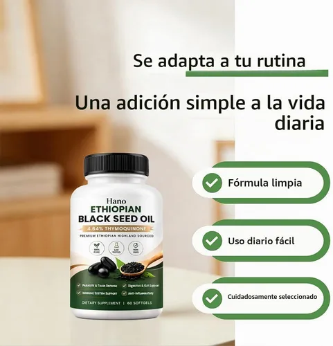 Vista 4 de Aceite de semilla negra etíope Hano con 4.64% de timoquinona, 60 cápsulas blandas