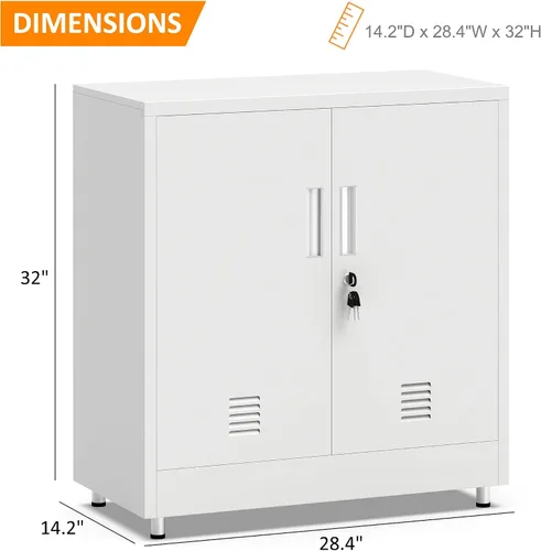 Vista 3 de Armario de almacenamiento de metal con puertas de bloqueo y estante ajustable, pequeño aparador con cerradura para el hogar, oficina, entrada, Blanco