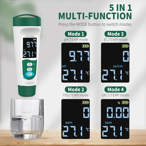 Vista 3 de Medidor de pH digital 5 en 1, con función de voz, PH/TDS/EC/Temp/Salt Pool Salt Tester, medidor de pluma impermeable y recargable para piscinas