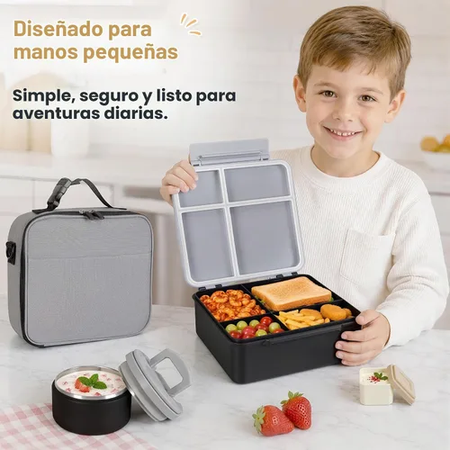 Vista 7 de Lonchera Bento con termo de sopa de 8 onzas, a prueba de fugas, 4 compartimentos, para niños, con taza de salsa y bolsa de hielo, tarro de comida