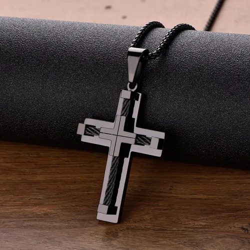 Vista 7 de YL Collar de cruz para hombre, acero inoxidable 316L, colgante de Jesucristo, cadena Rolo para 2022242628 pulgadas