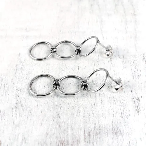 Vista 4 de Handmade Sterling Silver 925 Triple Open Circle Link Dangle Stud Post Earrings, Light Weight Three Ring Geometric Design, Polished finish