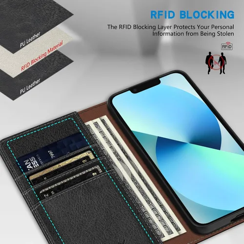 Vista 2 de ZZXX Funda tipo cartera para iPhone 13 con bloqueo RFID, soporte de ranura para tarjetas, funda protectora de cuero magnético fuerte plegable