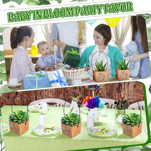 Vista 5 de Aliceset 100 bolsas de regalo para suculentas con asa de plástico, caja de regalo de papel kraft, cesta de regalo para baby shower, boda, fiesta,