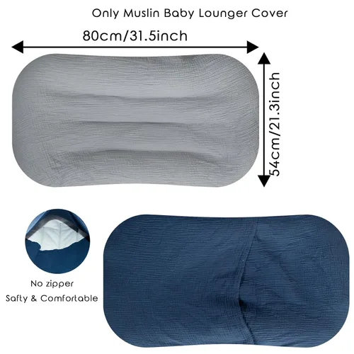 Vista 2 de Funda para tumbona de muselina orgánica ultrasuave, extraíble para bebés y niñas recién nacidos (gris y azul marino)
