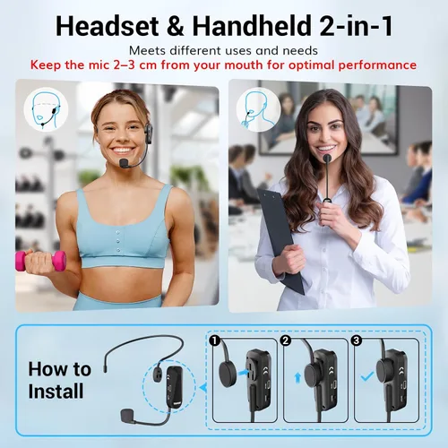 Vista 3 de TONOR - Auriculares inalámbricos con micrófono, sistema de auriculares con micrófono UHF, micrófono de mano y de cabeza 2 en 1, micrófono de oreja