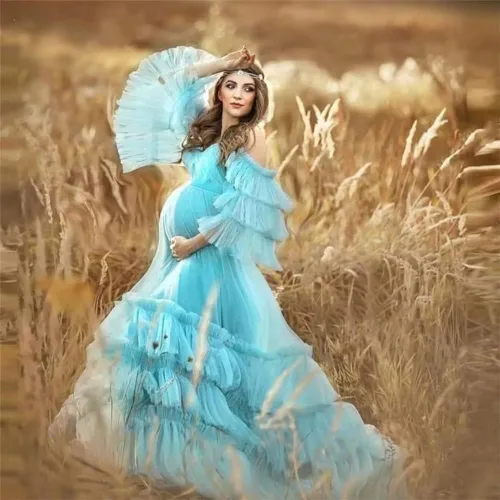 Vista 6 de Vestidos de maternidad de tul hinchado con volantes para sesión de fotos, hombros descubiertos, lencería nupcial, baby shower, bata de embarazo