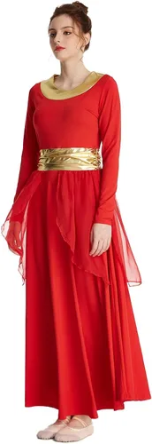 Vista 4 de MYRISAM Mujeres Alabanza Bata de Baile Culto Litúrgico Cintura Metálico Vestido de Manga Larga Falda de Gasa Traje Lírico