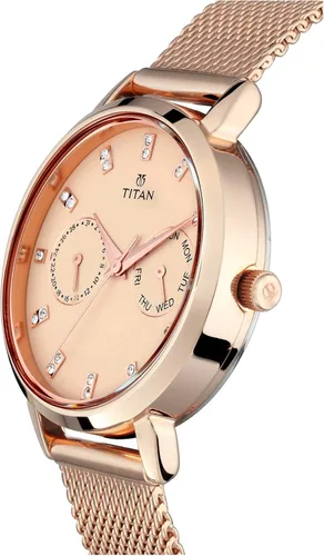 Vista 2 de Titan Sparkle Reloj de vestir multifuncional para mujer con cristales Swarovski cuarzo, resistente al agua, banda de malla