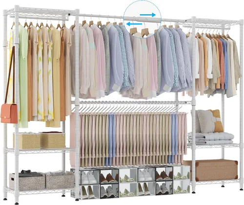 Vista 9 de Homdox Perchero resistente con varillas extensibles para colgar, perchero de metal ajustable para colgar ropa, armario independiente con estantes