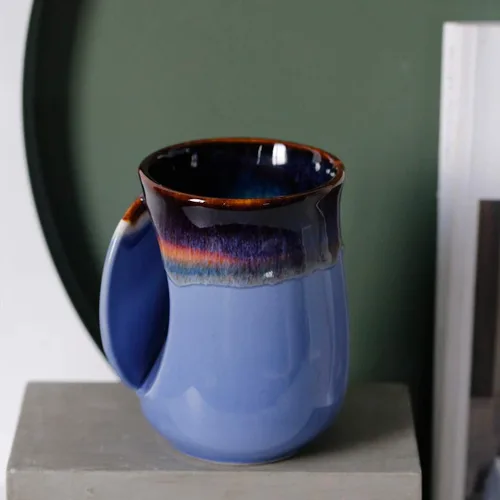 Vista 24 de Selamica - Taza de porcelana de 18 onzas con calentador de manos para diestros, taza de café, taza de té para familiares y pareja - Azul