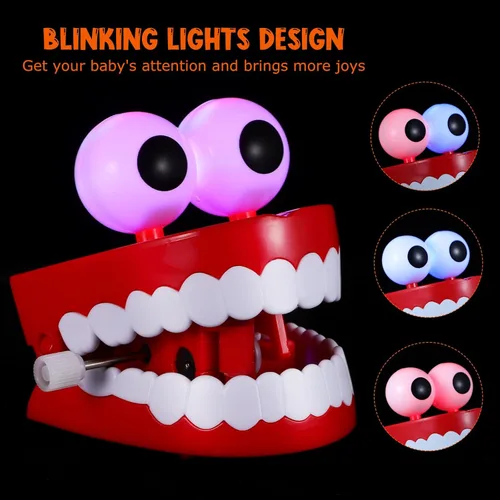 Vista 2 de Dientes parloteadores cuerda juguete: juguete de dientes que caminan con ojos LED divertidos dientes falsos de juguete de relojería dentaduras