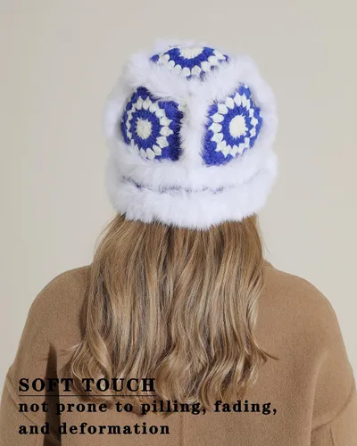 Vista 3 de kozinu Crochet Bucket Hat for Women Knit Handmade Foldable Floppy Warm Cap Fashion Cute Fishing Hat Striped Floral Winter hat