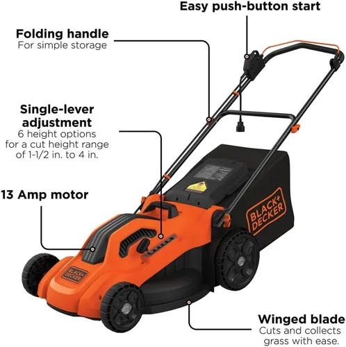 Vista 2 de BLACK+DECKER Cortacésped eléctrico con cable, 13 amperios, plataforma de corte de 20 pulgadas, ajuste de altura de 6 ajustes, almacenamiento