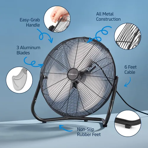Vista 5 de NEXAIR Ventilador de piso industrial de 20 pulgadas, ventilador de metal de alta velocidad de 3 velocidades, flujo de aire potente de 1800 CFM