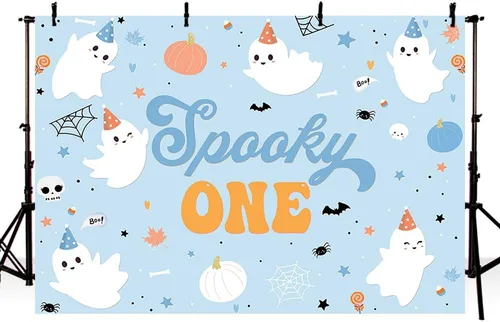 Vista 2 de MEHOFOND Telón de fondo de Halloween de 7 x 5 pies para niños, espeluznante One Happy Booday, decoración de fiesta de primer cumpleaños, suministros
