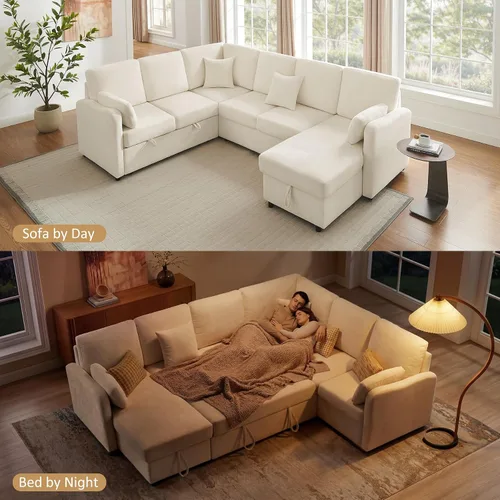 Vista 7 de Sofá Seccional Cama de 111 pulgadas con Cama Extraíble, Sofá Modular de 6 Asientos en Forma de U con Chaise de Almacenamiento, Sofá Seccional