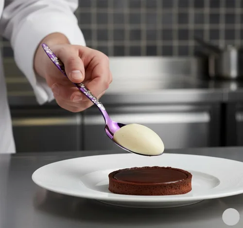 Vista 4 de Chef Kunz Cuchara morada Cuchara de cocina plateada de acero inoxidable 18/10 Cuchara de cocina plateada de 9 pulgadas para salsar, chapar