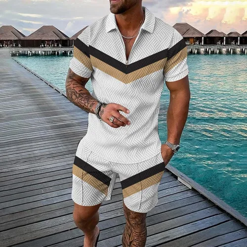 Vista 2 de Conjunto corto de 2 piezas para hombre, conjunto deportivo de verano de manga corta, camisa polo y pantalones cortos, estilo casual y elegante