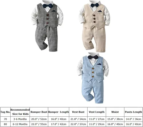 Vista 18 de IDOPIP Trajes de otoño e invierno para niños pequeños, camisa de manga larga con corbatín + chaleco + pantalones largos, overoles