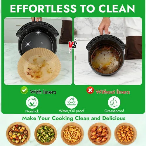 Vista 5 de BYKITCHEN 300 PCS forros desechables pequeños para freidora de aire de 2 a 5 QT, forros redondos de papel pergamino para freidora de aire