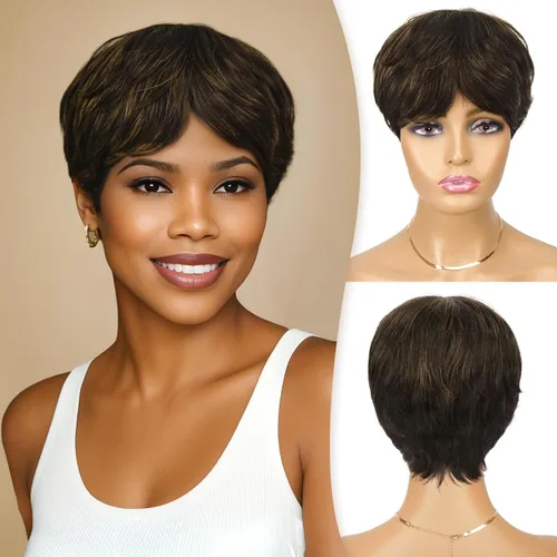 Vista 9 de RUWISS Peluca de cabello humano con corte Pixie, peluca de cabello humano con flequillo, peluca negra corta natural en capas, ondulada